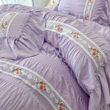 French Romantic Lace Bubble Gauze Bedding Set Queen Elegant Princess Style Embroidered Duvet Cover Set Ruffled Quilt Cover Sets