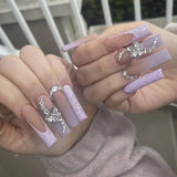 Popxstar 24pcs Rhinestones Design False Nails Press on Long Ballet Pink French Fashion Fake Nails Square Manicure Tips Wearable Finished