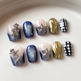 10pcs Sweet Cool Press on Nails Blue Cat Eye False Nails 3D Silver Star Fake Nails Glitter Rhinestone Nail Art Short Coffin Nail
