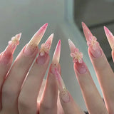 Popxstar 24Pcs Wearable Stiletto Nails Set Press on Nails Almond Simple French Flowers Design False Nails with Rhinestone Fake Nail Tips
