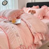Popxstar Korean Princess Style Lace Ruffles Wedding Bedding Set Seersucker Washed Cotton Soft Duvet Cover Set Bed Sheet Pillowcase 3/4Pcs