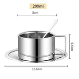 Popxstar 200ml Espresso Cup Saucer Scoop Included Dual Wall 304 Stainless Steel Milk Mug Coffee Cup Mirror Drinkware for Cafeteria