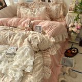 Popxstar 3/4Pcs Korean Princess Style Floral Ruffles Bedding Set Skin-friendly Soft Duvet Cover Set Bed Sheet Or Bed Skirt Pillowcases