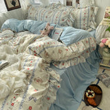 Popxstar 3/4Pcs Korean Princess Style Floral Ruffles Bedding Set Skin-friendly Soft Duvet Cover Set Bed Sheet Or Bed Skirt Pillowcases