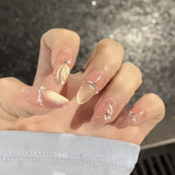 Popxstar  10pcs Golden Cat's Eye Handmade Fake Nail Art Mid-length Oval Nails Tips Finished with Rhinestone Design Press on Fake Nails Set