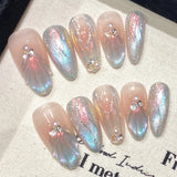 Popxstar Handmade Press on Nails Blue Aurora Mermaid Fake Nail Patches Wearable Detachable French Pearl Almond False Nail Tips 10pcs