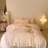 Popxstar French Princess Style Bedding Sets Ruffle Lace Bow Quilt Cover Romantic Wedding Bedclothes Decor Woman Girls Bedroom Duvet Cover
