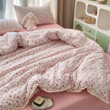 Popxstar INS Girls Cherry Soft Bedding Set Washed Cotton Bed Sheet Queen King Size Duvet Set Flower Comforter Set Pillowcase Bed Linens
