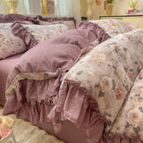 3/4Pcs Bedding Set Korean Country Style Purple Ruffle Duvet Cover Bed Sheets With Pillowcase Double Bed Linen Cotton Four-Season