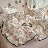 Popxstar Korean Style Floral Ruffles Knitted Double Yarn Bedding Set Double King Queen Size Duvet Cover Flat/Fitted Bed Sheet Pillowcases