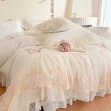 Popxstar  Butterfly Embroidery Lace Ruffles Princess Bedding Set Warm Velvet Duvet Cover Bed Sheet/Bed Skirt/Fitted Sheet Pillowcases 4Pcs