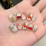 10pcs Lovely Cat Eye Press on Nails Red Bow Polka Dots Stick on Nails Glitter Pearl Rhinestone False Nails Short Squoval Nail