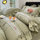 Popxstar Korean Princess Style Lace Ruffles Wedding Bedding Set Seersucker Washed Cotton Soft Duvet Cover Set Bed Sheet Pillowcase 3/4Pcs