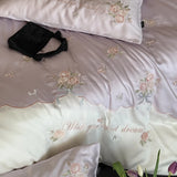 Popxstar  600TC Lyocell Bamboo Fiber Soft Silky Bedding Set Pink Flowers Embroidery Duvet Cover Flat/Fitted Bed Sheet Pillowcases 3/4Pcs