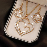 Popxstar prom jewelry 3 Pcs Set Heart Shaped Jewelry Set Of Earrings Pendant Necklace For Women Exquisite Fashion Rhinestone Double Heart Jewelry Set