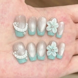 Popxstar  10pcs Summer Handmade Fake Nails Art Green French Short Ballet False Nail Tips Wearable Flower Pearl Design Press on Nails Sets