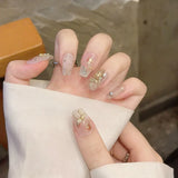 popxstar 24Pcs Mid-Length Fake Nails 3D Flower Pearl Designs Nude Pink Color Press on Nails Ballerina False Nails for Women DIY Manicure