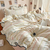 Popxstar Korean Style Floral Ruffles Knitted Double Yarn Bedding Set Double King Queen Size Duvet Cover Flat/Fitted Bed Sheet Pillowcases