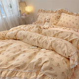 Popxstar  3/4Pcs Korean Princess Style Floral Lace Ruffle 100% Cotton Bedding Set Duvet Cover Bed Skirt/Bed Sheet/Fitted Sheet Pillowcases