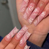 Popxstar 24 sweet cherry blossom red printed coffin full cover fake nails, French white, suitable for women's daily wear, 1 nail file and