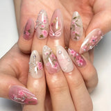 Popxstar Summer Dressy Halo Dyeing Pink Flowers White Butterfly Pearl Almond False Nails Fashion Fake Nails Art Press on Nails with Glue