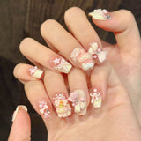 Popxstar  10pcs Pink Handmade Fake Nail Tips Cute Bear Bow Design Nails Art French Mid-length Square False Nail Wearable Press on Nails
