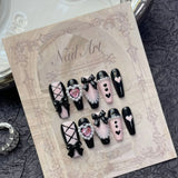 Popxstar  10Pcs Black Handmade Press on Nails Flower Ballet Wearable Rhinestone False Nails Decoration Chinese Manicure Fake Nails Tips