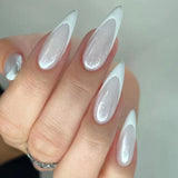 Popxstar 24Pcs Cat's Eye Design Fake Nail with Glue Short French False Nails Simple Oval Press on Nails Wearable Full Cover Nail Tips