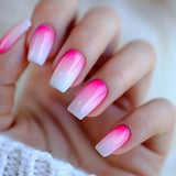 Popxstar 24pcs Pink Gradient Design Fake Nails Set White Mid-length Ballet False Nail Tips Finished Simple Wearable Square Press on Nails