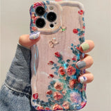 Retro Oil Painting Phone Case For IPhone 16 15 14 13 12 11 Pro Max Luxury Laser Oil Painting Flowers Print Shockproof Cover