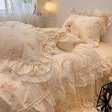 Popxstar  3/4Pcs Korean Princess Style Floral Lace Ruffle 100% Cotton Bedding Set Duvet Cover Bed Skirt/Bed Sheet/Fitted Sheet Pillowcases