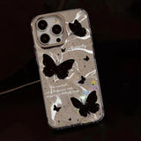 Popxstar Holographic Black Butterfly Phone Case with Lanyard for iPhone 15 PRO MAX  PLUS 14 13 12 Reflective Fashionable Phone Cover
