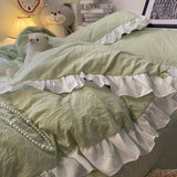 popxstar Blue Four-piece Set Celebrity Princess Style Ruffled Quilt Cover Bed Skirt Style Solid Color Three-piece Bedding Set