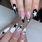 popxstar 24pcs/set Almond Pink False Nail Blue Stars Design Fake Fingernails Wearable Artificial Acrylic Full Cover Press On Nail Tips