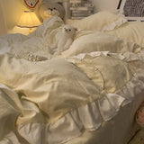 popxstar Blue Four-piece Set Celebrity Princess Style Ruffled Quilt Cover Bed Skirt Style Solid Color Three-piece Bedding Set