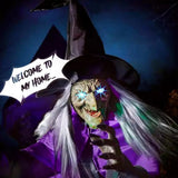 Halloween Animated Hovering Witch Animatronics Purple 6 FT Garden Props Flying Witch With Lights Hovering Witch Decorations