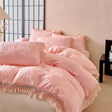 Popxstar  4Pcs Bow Large Tassel Style Bedding Set High Quality Skin Friendly Fabric Bed Sheet/Fitted Sheet Pillowcases Queen King Size