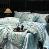 Natural Silk Bedlinens Bedding Set Nordic Flower Printed Duvet Cover Set Couple Double King Queen Size Soft Bed Sheet Pillowcase
