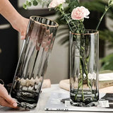 Popxstar  Smoke Gray Transparent Glass Vase With Floral Base For Fresh Flowers Lucky Bamboo Home Decor