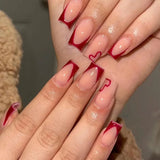 Popxstar 24Pcs Simple Wine Red French Fake Nail with Jelly Glue Short Square Head Press on False Nails Love Pattern Design Nail Art Tips
