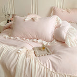 Popxstar Korean Style Princess Lace Bow Bedding Set Pink Sweet Girl Chiffon Ruffles Duvet Cover Bed Sheet Pillowcase Wedding Home Textile