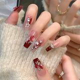 popxstar 24Pcs Mid-Length Fake Nails 3D Flower Pearl Designs Nude Pink Color Press on Nails Ballerina False Nails for Women DIY Manicure
