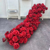 Popxstar Artificial Red Rose Green Plants Flower Row Long Runner Wedding Backdrop Decor Floral Arrangement Party Props Table Centerpiece