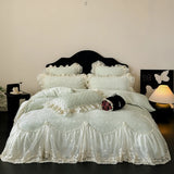 Popxstar  4Pcs French Princess Style Carved Velvet Warm Winter Bedding Set Large Lace Ruffle Duvet Cover Flat/Fitted Bed Sheet Pillowcases