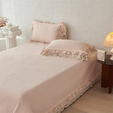 Popxstar  80% Cotton 20% Linen Soft Comfortable Quilted Bedspread, Lace Ruffles Bed Cover, Mattress Topper, Bed Sheet, Pillowcases 3Pcs