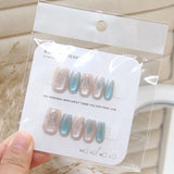 Popxstar 10pcs Short T Blue Mermaid Cat's Eye Handmade  Press on Nail False Nails Square Head Girl Lady Wearable Detachable Nail Tips