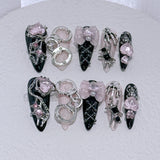10Pcs Y2k Almond Press on Nails Cool Spicy Lolita False Nails Black Bowknot Diamond Nail Art Pink Sweetheart Camellia Fake Nails