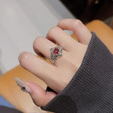 Popxstar Kpop 90s Grunge Aesthetic Irregular Liquid Metal Heart Moonstone Open Ring For Women Luxury Vintage Jewelry EMO Y2K Accessories