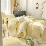 Chic Ruffle Lace Duvet Cover Set for Girl Yellow Princess Comforter Cover 3 Piece Bedding with Zipper Closure Soft Bedroom Decor