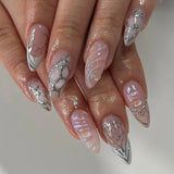 Popxstar 24Pcs Solid Color Grey Almond Fake Nail Cat's Eye Design Wearable Round Head False Nails with Shiny Powder Press on Nails